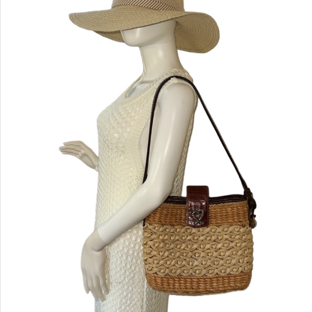 Brighton Woven Raffia Bag / leather embossed crocodile pattern